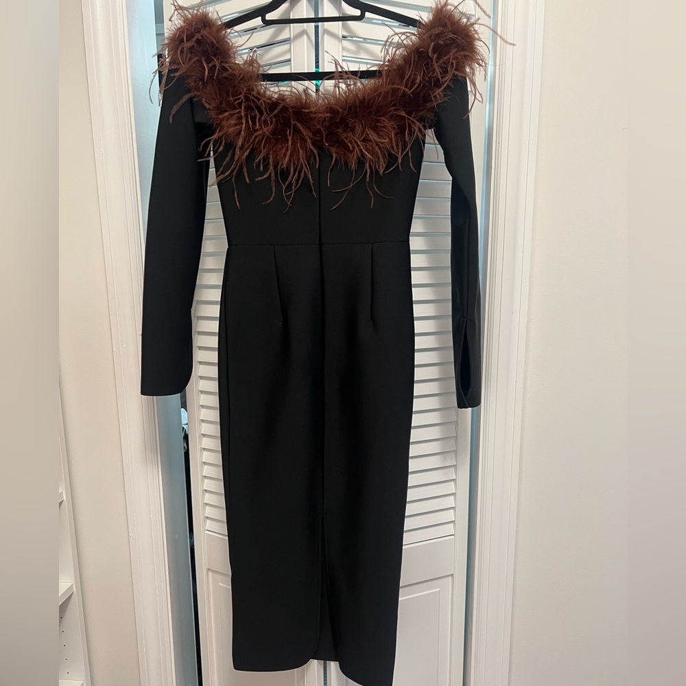 Blanche Off Shoulder Feather Trimmed Midi Dress In Black Size S